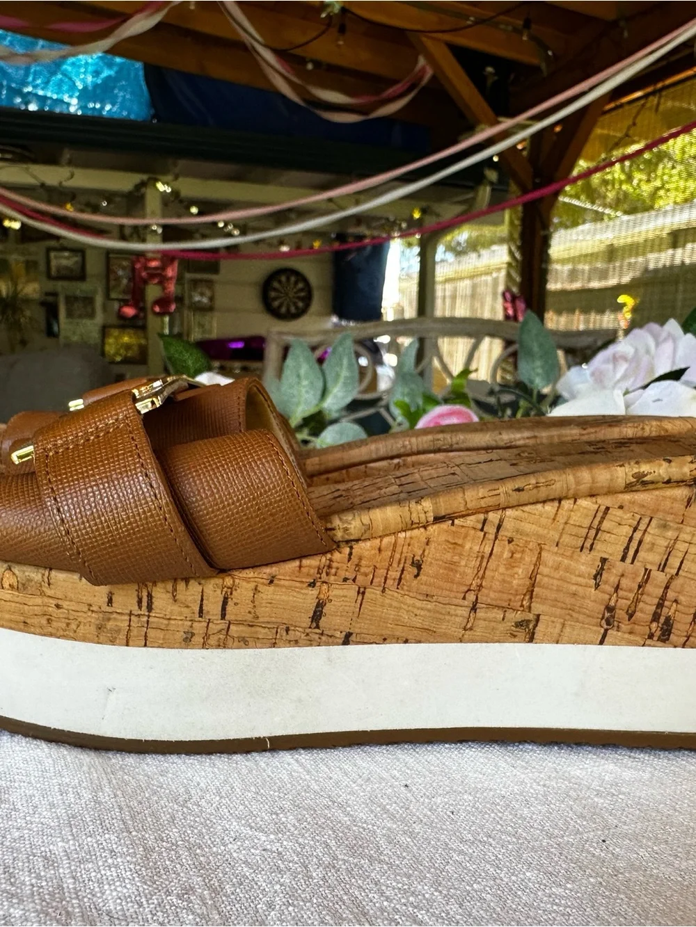 Michael Kors Brown Cork Wedge Sandals with Gold Accent